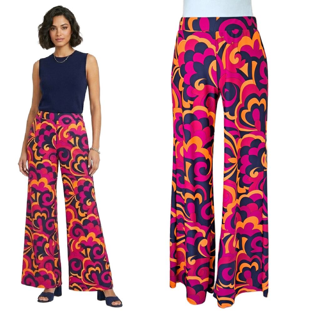 JUDE CONNALLY Trixie Wide Leg Pant Small Retro Swirl Navy Pink Orange
